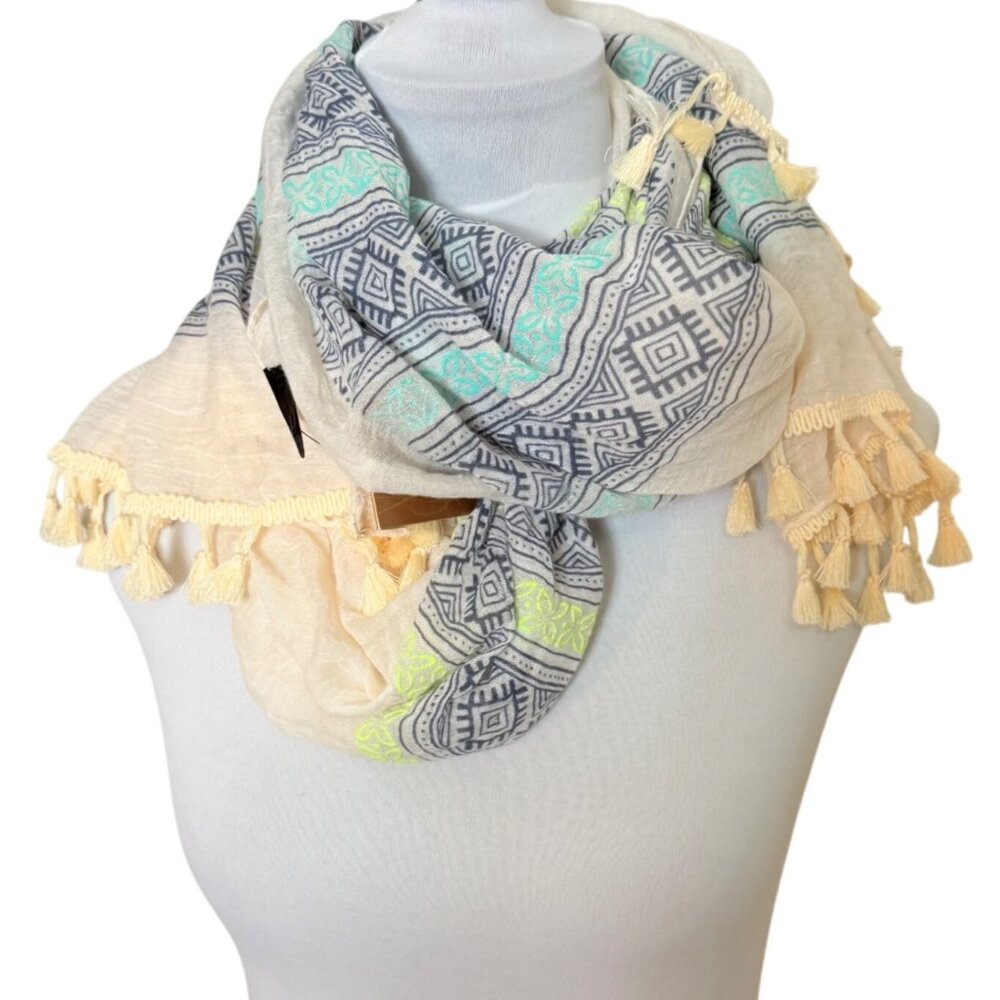 Francescas Lightweight Boho Tassel Scarf Geometric Print Cream Pastel Summer